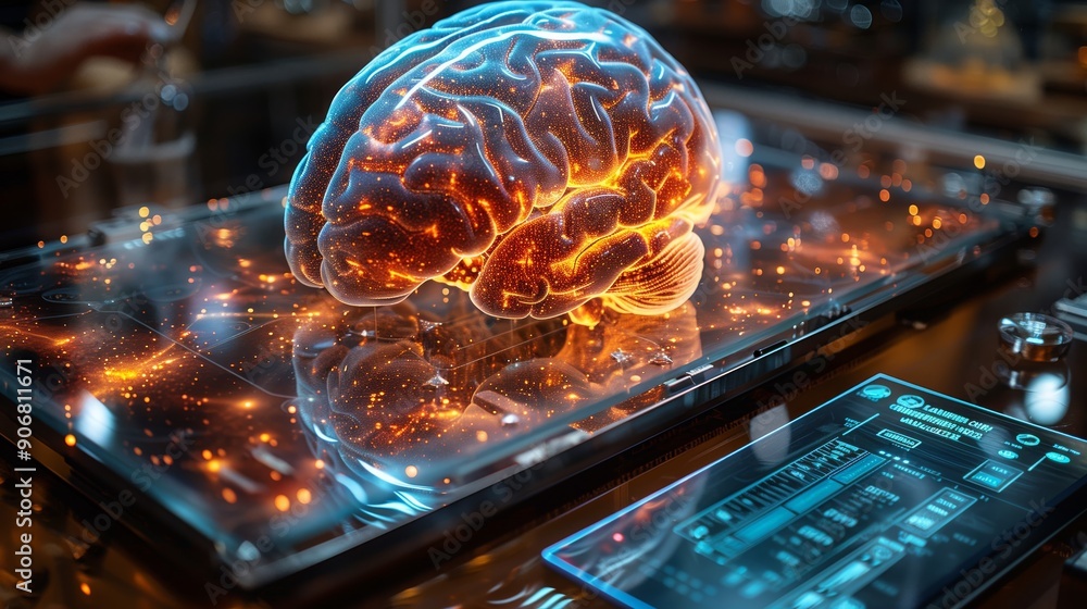 Poster a digital brain model showcases intricate neural patterns above a sleek workspace illuminated by war
