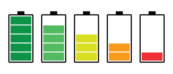 Battery icon set. Symbols of battery charge level, full and low. Battery icons set on white background. Vector illustration. eps10  © Crystal