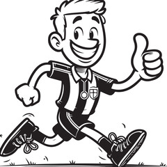 A man running funny comic Cartoon character black and white line art silhouette on white background