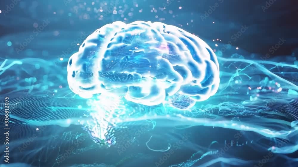 Poster AI digital brain with flowing data streams on a high-tech background, blue tones