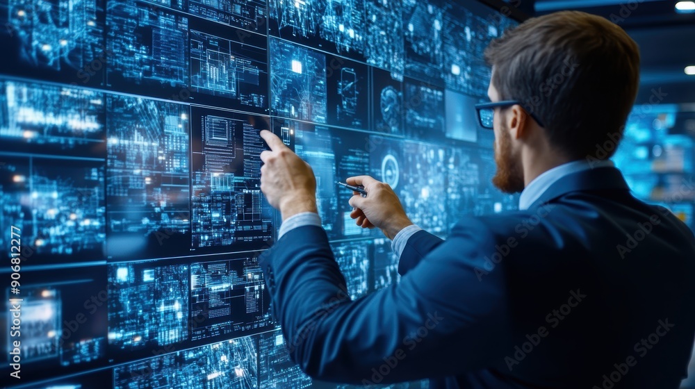 Poster a man in a suit is pointing at a computer screen with a blue background. the screen is filled with v