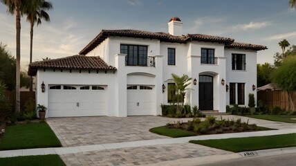 Elegant Mediterranean Style Home With Lush Landscaping at Sunset in a Suburban Neighborhood