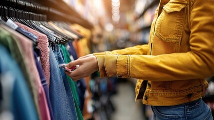 Fototapeta premium A woman is shopping for clothes in a store. She is holding a card in her hand and looking at the clothes on the rack