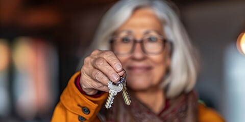 A woman is holding a key in her hand and smiling. Concept of accomplishment or satisfaction, as the woman is likely holding the key to a new home or a new opportunity