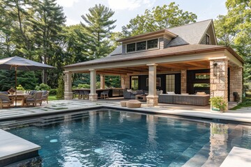 Fototapeta premium Classic pool house with open-air lounge area, surrounded by lush greenery and sparkling swimming pool, white exterior blending with natural surroundings, serene summer relaxation, New England setting,