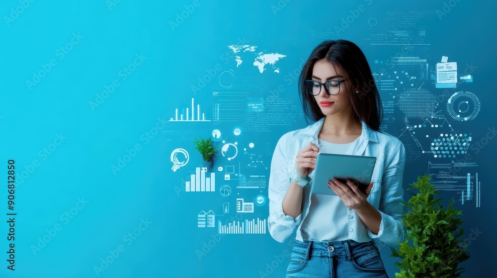 Poster a woman is looking at a tablet with a lot of graphs and numbers on the screen. she is wearing glasse
