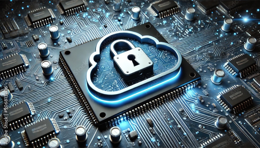 Poster a 3d image of cloud security concept with lock on electronic circuit board background