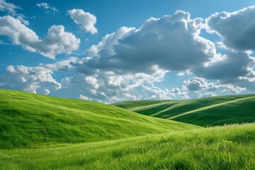 Fototapeta premium Tranquil green hills under blue sky with fluffy white clouds, serene picturesque landscape
