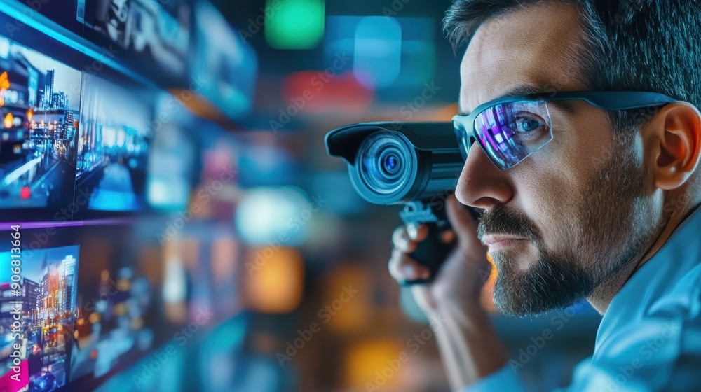 Poster a man is looking at a computer screen with a camera in his hand. the screen is filled with various i