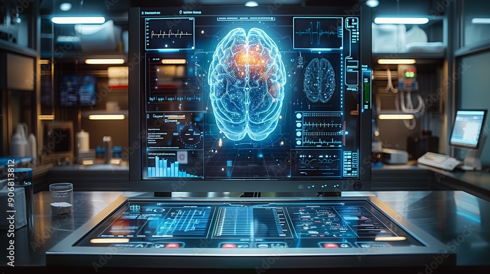 Poster an interactive monitor showcases detailed brain imaging data in a high-tech research laboratory envi