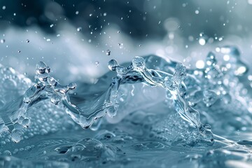 Close-up of water splashing against ice background with light blue color tone, high resolution, hyper-realistic style, insanely detailed, intricate photography