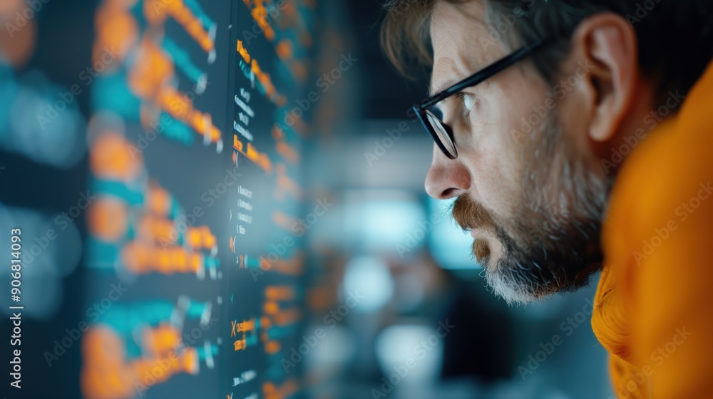 Poster software developer examining code. side profile of a bearded man with glasses closely examining code