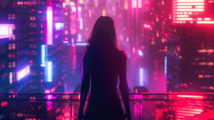 Silhouette of young woman with long hair standing in modern cyberpunk city at night with neon lights