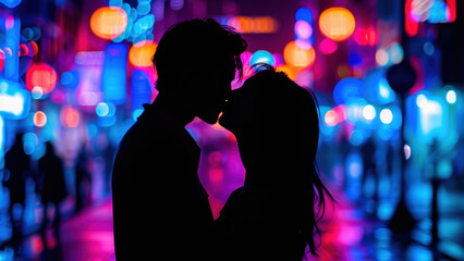 Silhouette of young couple kissing in modern cyberpunk city at night with neon color lights