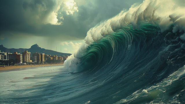 Huge tidal wave tsunami approaching beach coast, extreme weather climate crisis concept