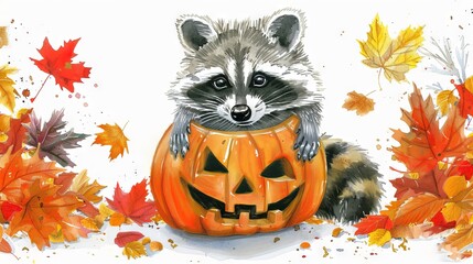 Watercolor illustration of an adorable raccoon peeking out of a carved pumpkin surrounded by colorful autumn leaves. Concept of Halloween, fall season, wildlife, nature art
