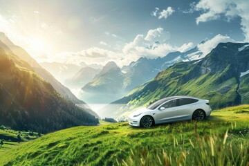 Electric car in mountain scenery, nature friendly technology for website header with generative ai