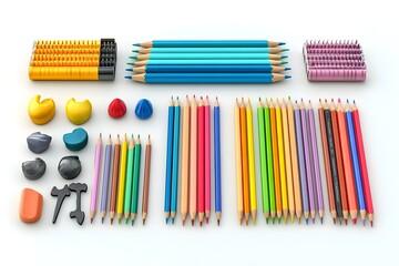 Obraz premium Colorful Pencils and Erasers Organized on a White Desk with Studio Lighting in 3D Render