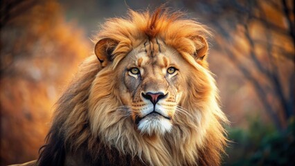 Naklejka premium Close-up image of a majestic lion in its natural habitat, wildlife, lion, predator, safari, animal, wildlife photography