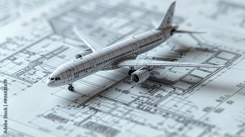 Poster airplane model on detailed blueprints. close-up view of an airplane model on top of intricate bluepr