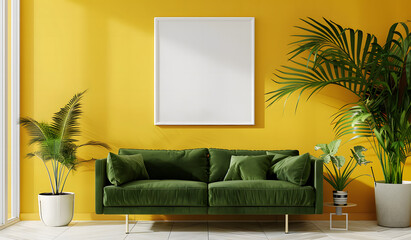 Picture frame mockup in the interior of a modern living room on a yellow wall with a sofa and a plant in a vase, transparent wall art mock-up design