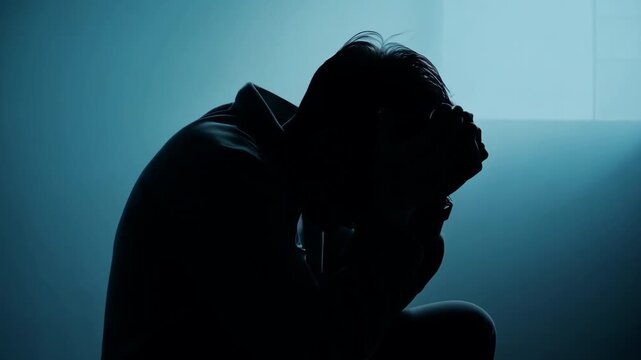 Silhouette lonely sad man in despair, sorrow. Mental health problem. Guy with depression suffering in his room. Unhappy person cry feel hopelessness. Life trouble, money loss concept. Stressed emotion