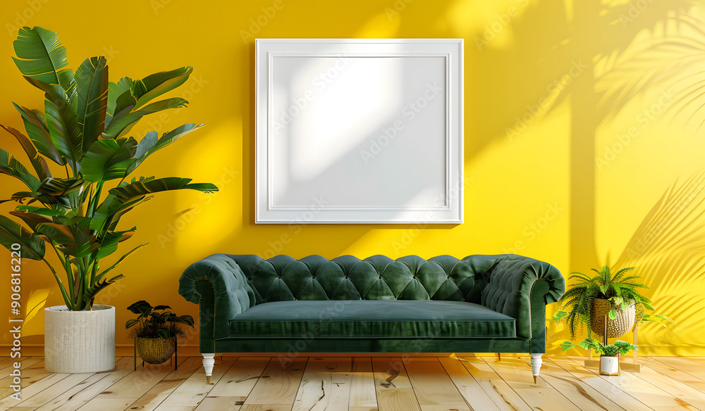 Sticker Picture frame mockup in the interior of a modern living room on a yellow wall with a sofa and a plant in a vase, transparent wall art mock-up design