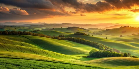 Fototapeta premium Rolling green hills at sunset with a warm orange sky , Sunset, landscape, nature, hills, meadow, peaceful, tranquil