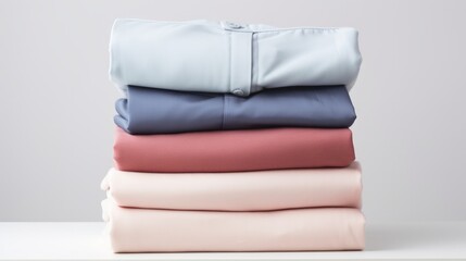 Stack of perfectly folded clothing items. Pile of different cold color shirts, sweaters and pants on the table. Neural network ai generated art