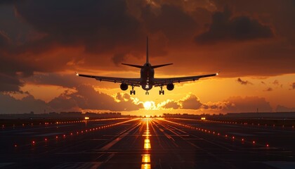 Airplane taking off from airport runway during a beautiful sunset with evening light