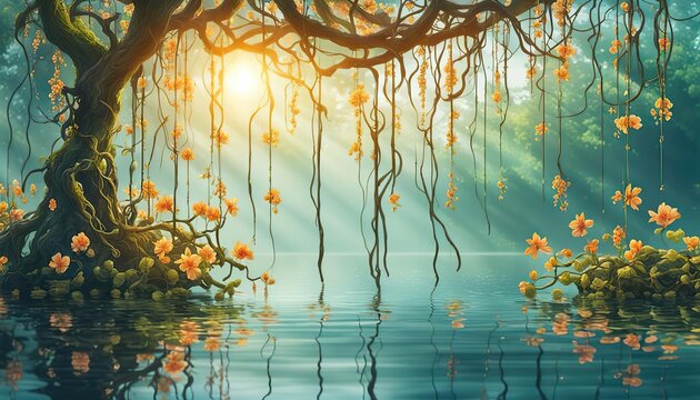 Fairytale Misty Pond and Flowers Hanging from Vines