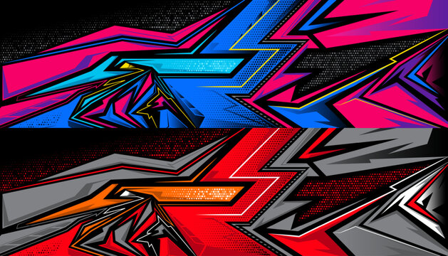 Racing cars decals vibrant abstract design, dynamic colorful graphic vinyl wraps. Stripe sticker for cars, bikes, skateboard