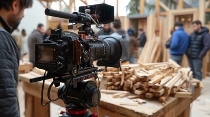 A camera is set up on a tripod in a woodworking studio, with participants actively engaging and interacting in the background during a filmmaking workshop.