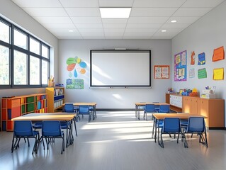 A Meticulously Designed 3D Rendered Classroom with Educational Posters and Modern Furnishings