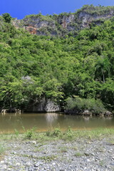 North wall of the Rio Yumuri River canyon overlooking the water course in the Isla Almendras-Almond Island area next to the mouth. Baracoa-Cuba-577