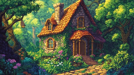 Fototapeta premium Pixel art house in the heart of a lush forest, featuring vivid colors and intricate details.