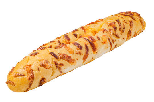 ruddy long baget loaf of bread is strewed cheese isolated on white background with clipping path