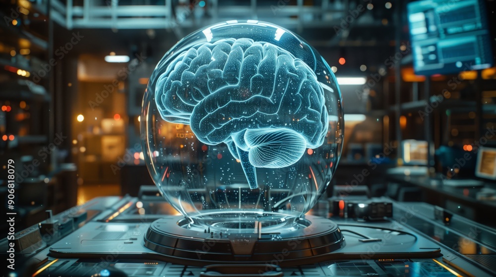Poster a detailed view of a transparent brain model displayed in a high-tech lab, showcasing innovative neu