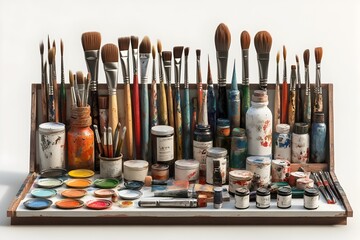 Assortment of Art Supplies and Tools on White Background