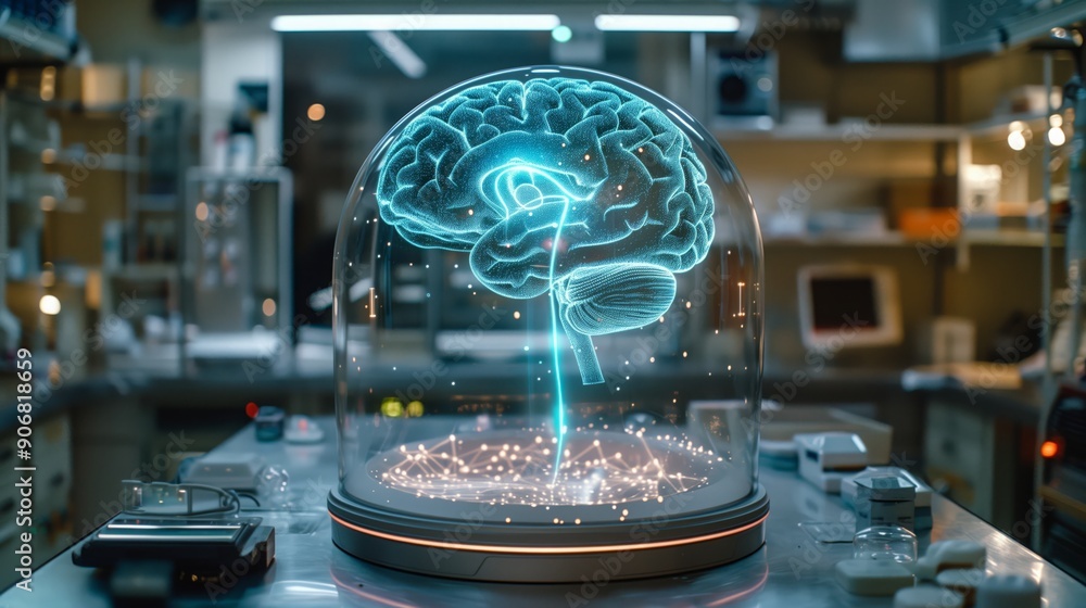 Poster a captivating holographic brain model is displayed prominently in a high-tech laboratory environment