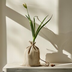 Culantro on sack, isolated on a white background, bright and vivid tonality, in the style of product photography.