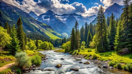 Obraz premium Tranquil mountain valley with a flowing stream and lush tree , peaceful, serene, nature, landscape, scenic, tranquil, mountains, valley