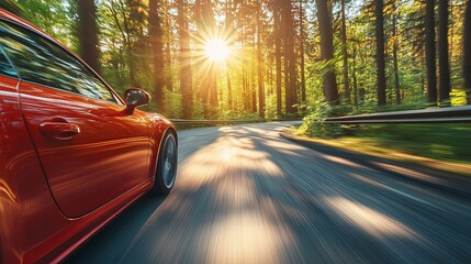 Speeding Car on Winding Road in European Forest