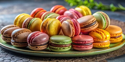 Obraz premium Elegant and colorful macaron food photography featuring a variety of flavors and beautifully arranged on a platter