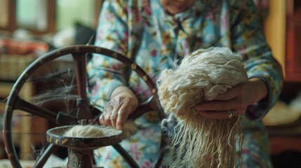 An elderly woman skillfully spins wool into yarn, holding a bundle of fibers in her hands while seated next to a spinning wheel.
