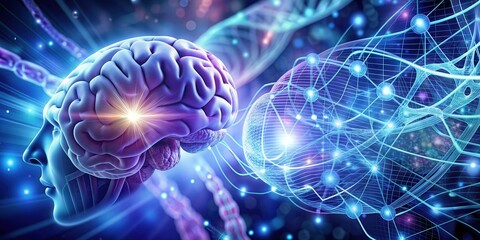 Obraz premium of human brain with DNA molecules against abstract technology blue and purple background, brain, DNA, molecules, abstract, technology