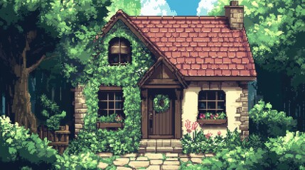 Pixel art of a cozy 8-bit house surrounded by greenery, ideal for a nostalgic, retro feel.