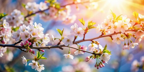 Obraz premium Blooming branch of cherry tree in bright spring sunlight, spring, flowering, cherry, tree, branch, blooming, fruit, sunny, weather