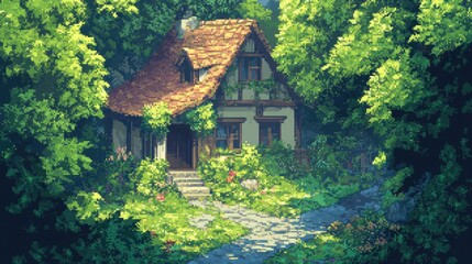 Pixel art of a cozy house in a dense forest, surrounded by greenery and bright daylight, perfect for isekai settings.