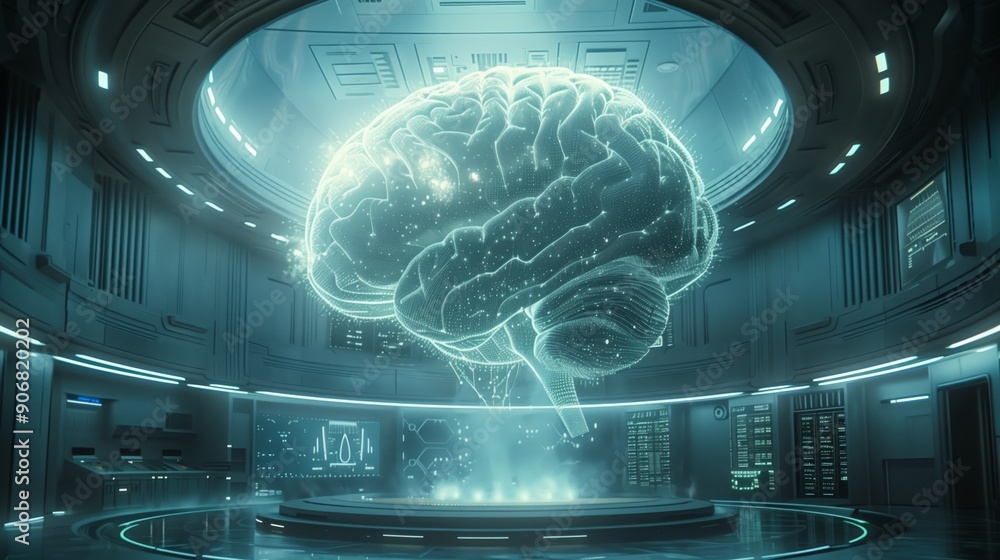 Aufkleber a high-tech brain simulation is prominently displayed in a futuristic laboratory setting, showcasing